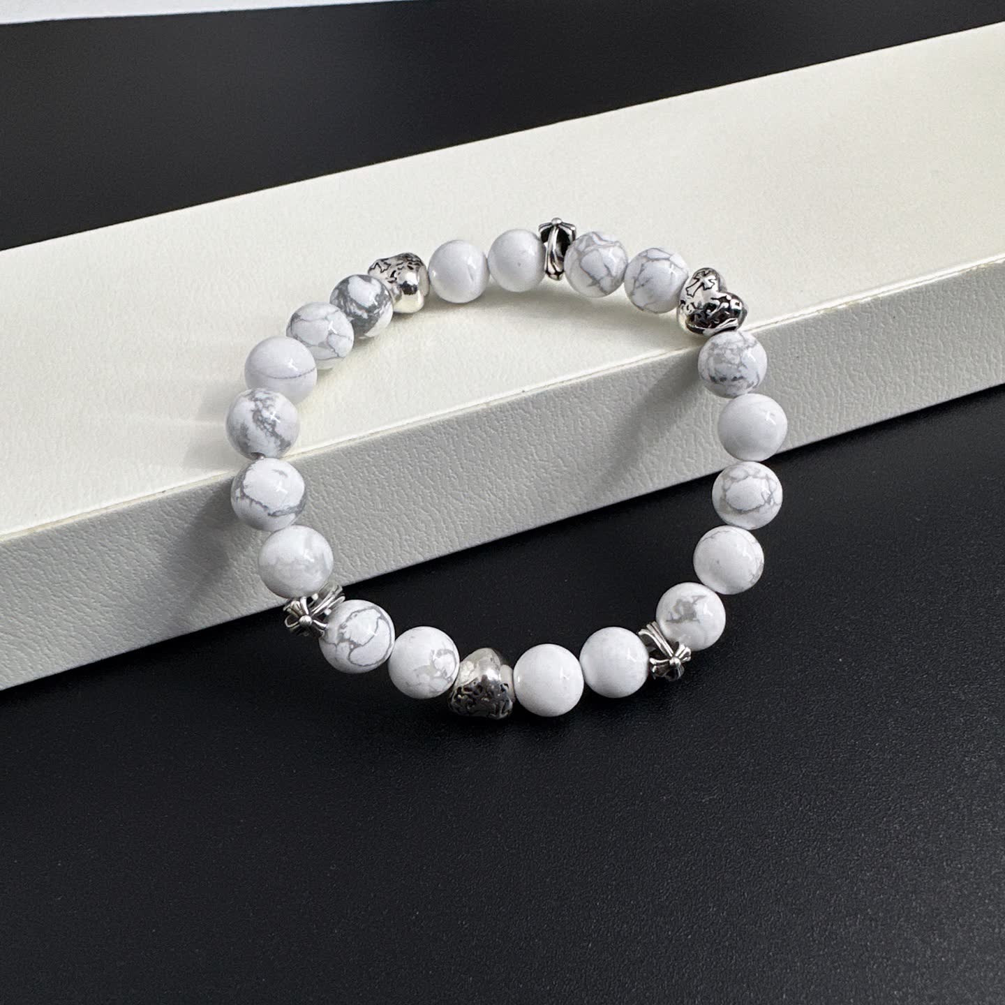 Chrome Hearts White Marble Bead Bracelet with Silver Accents